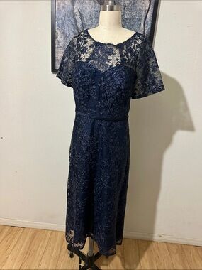 Oleg Cassini Navy Floral Lace Midi Dress